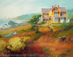 Wild Child inspirational original oil painting of little girl by ocean beach Victorian home running through path by Steve Henderson