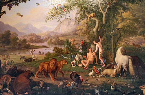 The first lie, which remains a very good, believable one, still fools us today. Adam and Eve in the Garden of Eden by Wenzel Peter.