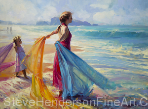 Into the Surf inspirational original oil painting of woman with child at ocean beach with fabric by Steve Henderson, licensed prints at Art.com, Amazon.com, Great Big Canvas, iCanvasART, and Framed Canvas Art