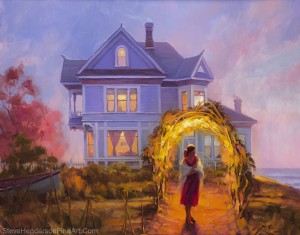 Lady in Waiting inspirational original oil painting of woman at Victorian beach house by Steve Henderson licensed prints at iCanvasART, Framed Canvas Art, and Amazon.com