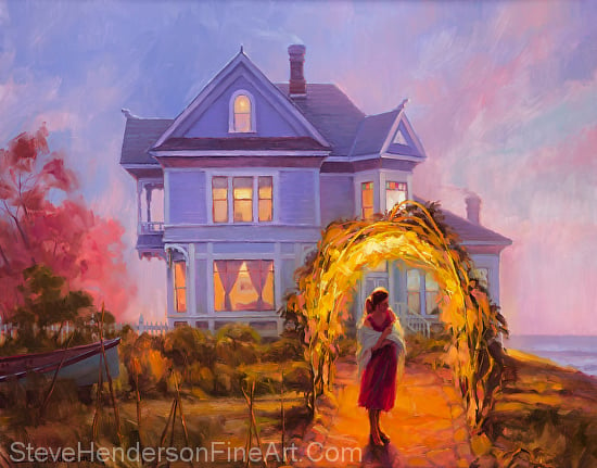 Lady In Waiting inspirational original oil painting of woman by Victorian house at sea by Steve Henderson licensed prints at iCanvasART, Framed Canvas Art, and Amazon.com