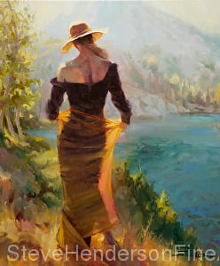 Lady of the Lake inspirational original oil painting of woman in gold skirt in mountains by Steve Henderson licensed prints at Art.com, Amazon.com, Framed Canvas Art, iCanvasART, and Great Big Canvas