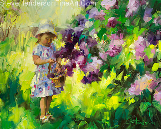 Lilac Festival inspirational original oil painting of little girl with flowers in garden by Steve Henderson licensed print at Framed Canvas Art