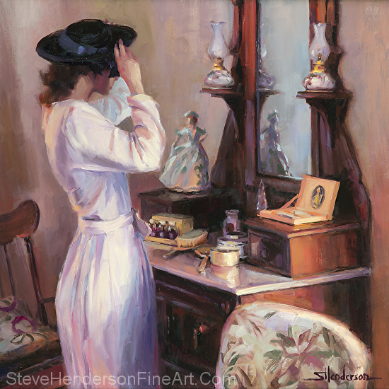 The New Hat inspirational original oil painting of woman in 1940s nostalgia setting by victorian dresser by Steve Henderson