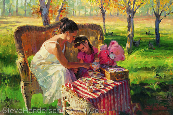 Afternoon Tea inspirational original oil painting of young woman and child in meadow by Steve Henderson; licensed prints at art.com, amazon.com, Framed Canvas Art, Great Big Canvas, and iCanvasART