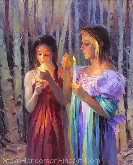 Light in the Forest inspirational original oil painting of two women with candles in Celtic forest by Steve Henderson, licensed prints at iCanvasART, Framed Canvas Art, and Amazon