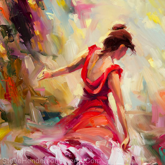 Dancer inspirational original oil painting of woman in red on abstract background by Steve Henderson, licensed prints at iCanvasART, Amazon.com, Art.com, and Framed Canvas Art