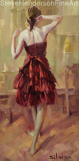 Girl in a Copper Dress 3 inspirational original oil painting of woman stretching by Steve Henderson, licensed prints at art.com, great big canvas, and framed canvas art