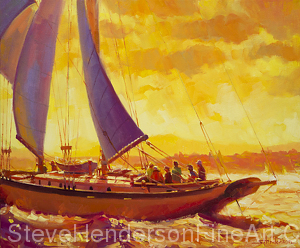 Golden Opportunity inspirational original oil painting of sailboat on Puget Sound at sunset by Steve Henderson licensed prints at Great Big Canvas, amazon.com, art.com, Framed Canvas Art and iCanvasART