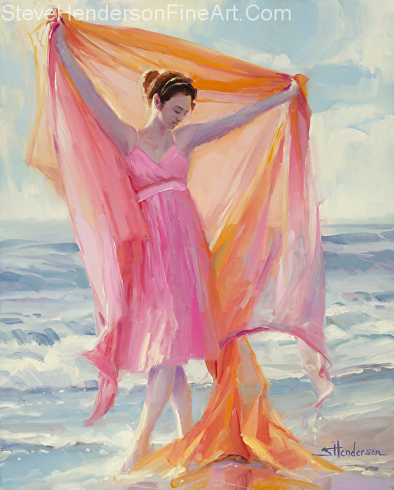 Grace inspirational original oil painting of woman in pink dress dancing on beach by Steve Henderson, licensed prints at amazon.com and framed canvas art