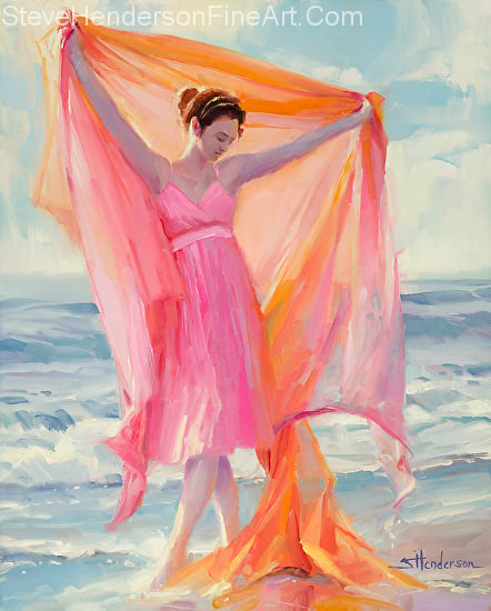 Grace inspirational original oil painting of woman in pink dress dancing on beach by Steve Henderson, licensed prints at amazon.com and framed canvas art