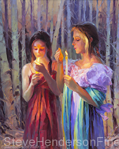 Light in the Forest inspirational original oil painting of two women in woods with candles and Celtic overtones by Steve Henderson, licensed prints at Framed Canvas Art, amazon.com, and iCanvasART