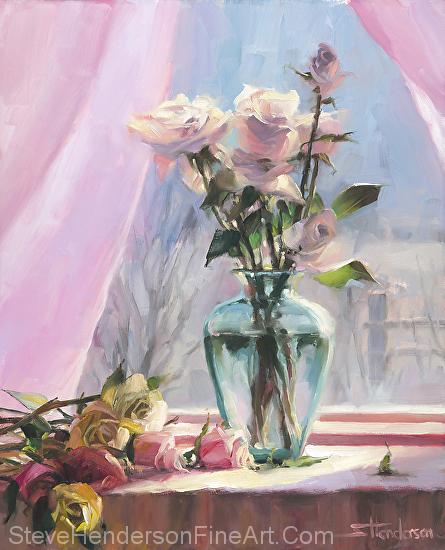 Morning's Glory inspirational original oil painting of still life roses and flowers in clear green glass vase by Steve Henderson