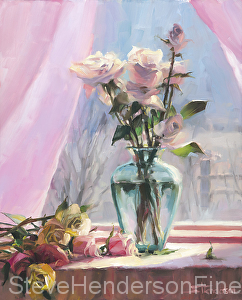 Morning's Glory inspirational original oil painting of floral rose still life of flowers in vase by Steve Henderson