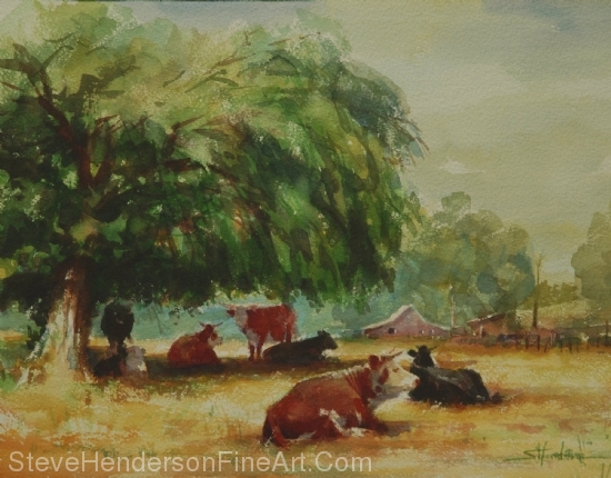 Rumination inspirational original watercolor of cows chewing cud in meadow by Steve Henderson