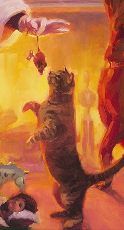 Something for Everyone detail of inspirational original oil painting of cat and dog with Santa Claus at Christmas by Steve Henderson