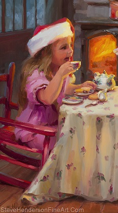 Tea for Two inspirational original oil painting of Santa Claus and Little Girl at Tea Party by Woodstove by Steve Henderson