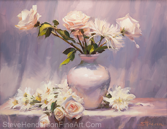 White on White inspirational original oil painting of Floral still life roses and flowers in vase by Steve Henderson