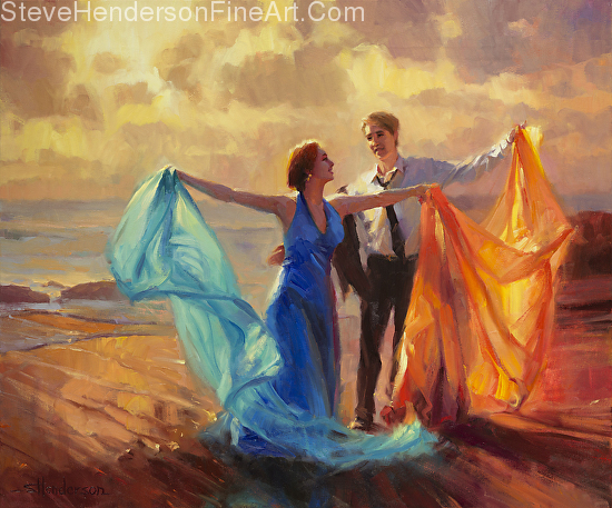 Evening Waltz inspirational original oil painting of couple dancing on ocean beach at sunset by Steve Henderson; licensed prints at Framed Canvas Art and Amazon.com