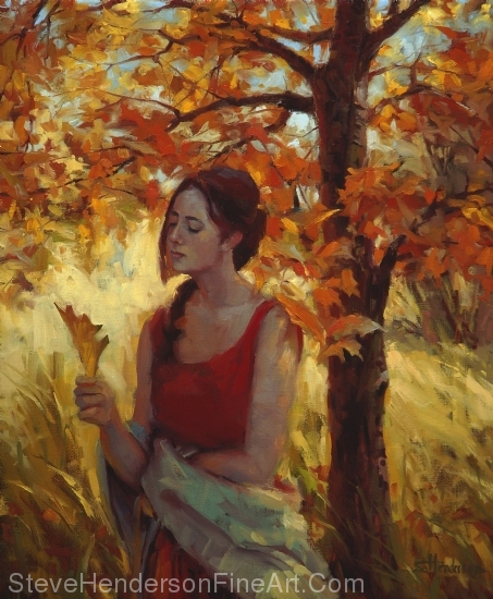 Contemplation inspirational original oil painting of woman in autumn meditating over leaf by Steve Henderson; licensed prints at amazon.com, art.com, all posters.com, Framed Canvas Art, iCanvas, and Great Big Canvas