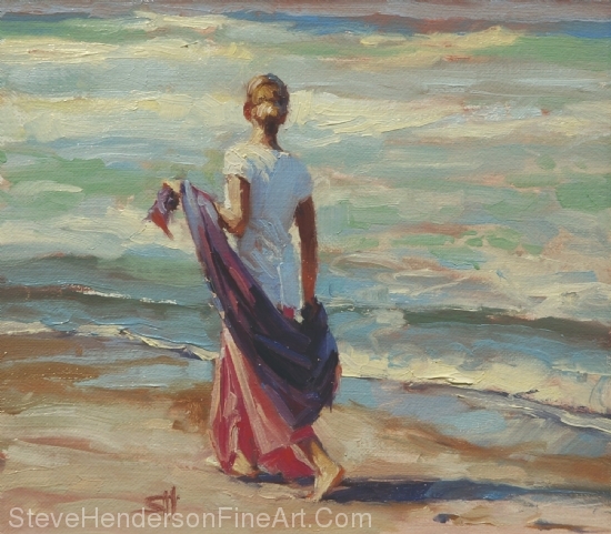 Daydreaming inspirational original oil painting of woman walking on ocean beach by Steve Henderson