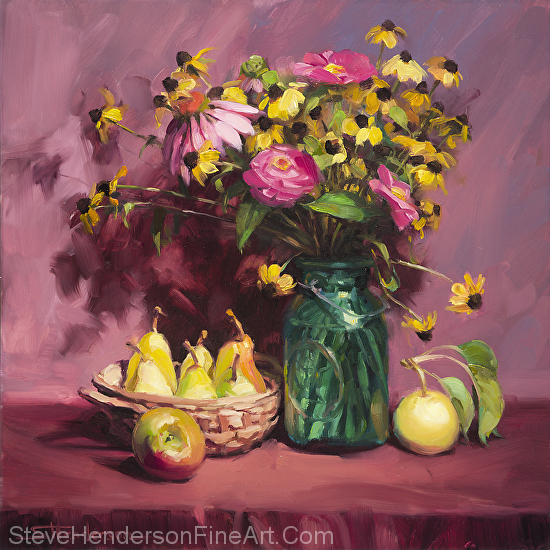 September inspirational original oil painting of still life floral and flowers with apple and pear fruit, by Steve Henderson