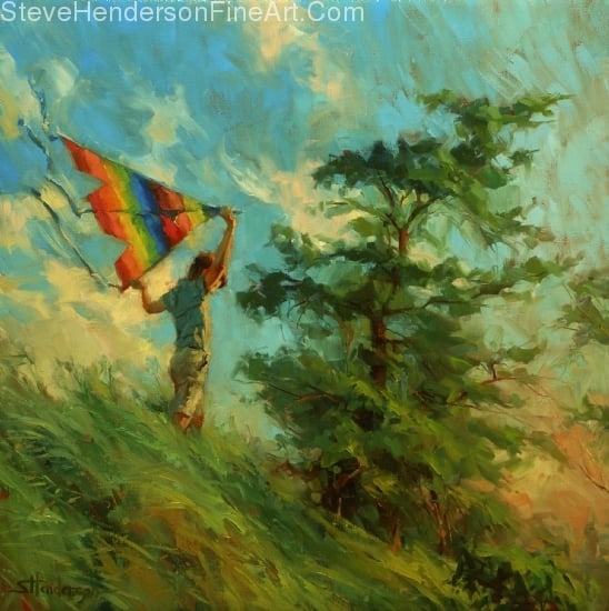 Summer Breeze inspirational original oil painting of boy flying kite on windy day in meadow by Steve Henderson