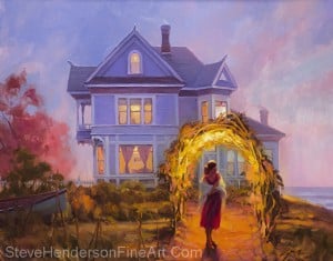 Lady in Waiting inspirational original oil painting of woman at Victorian lilac home by the sea by Steve Henderson, licensed prints at amazon, framed canvas art and icanvas