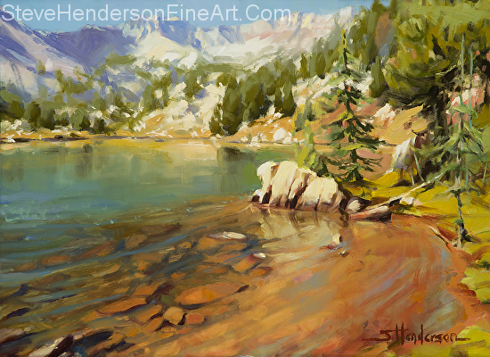 Crystalline Waters inspirational original oil painting of mountain alpine lake in the Wallowas of Oregon by Steve Henderson