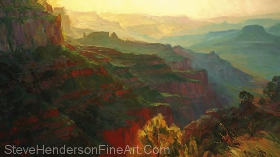 Canyon Silhouettes inspirational original oil painting by Steve Henderson, licensed prints at vision art galleries