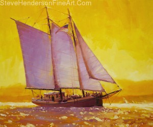 Golden Sea inspirational original oil painting of saiboat at yellow sunset on puget sound by Steve Henderson, licensed prints at Great Big Canvas, amazon.com, art.com, allposters.com, icanvas, and framed canvas art