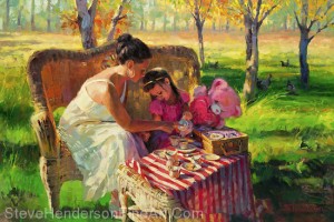Afternoon Tea inspirational original oil painting of mother and child at tea party in meadow by Steve Henderson, licensed prints at Great Big Canvas, iCanvas, Framed Canvas Art, Amazon.com, and art.com