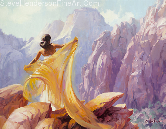 Dream Catcher inspirational original oil painting of woman with fabric at Zion National Park by Steve Henderson; licensed prints at amazon.com, allposters.com, art.com, framed canvas art and great big canvas