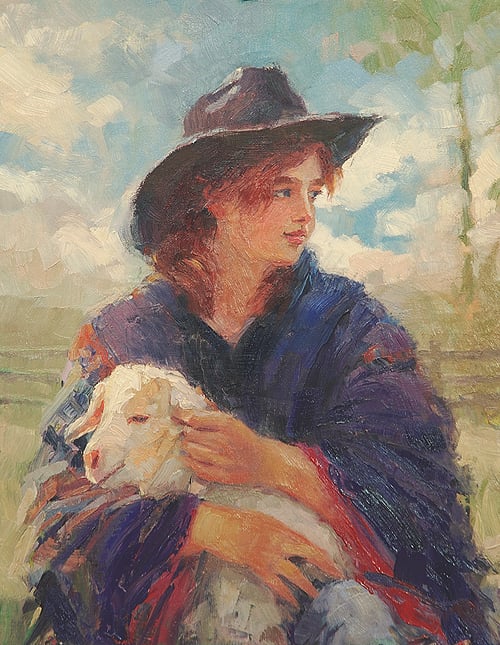 The Blue Poncho inspirational original oil painting of girl and baby goat by Steve Henderson