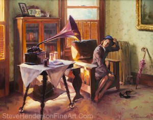 Ending the Day on a Good Note inspirational original oil painting of 1940s vintage nostalgia woman in Victorian house next to victrola by Steve Henderson