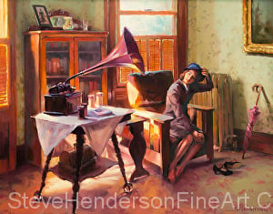 Ending the Day on a Good Note inspirational original oil painting of 1940s nostalgic woman in victorian home listening to victrola by Steve Henderson