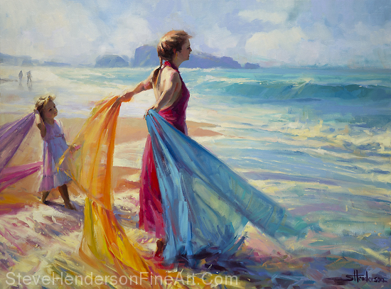 Into the Surf inspirational original oil painting of child and woman at ocean beach by Steve Henderson; licensed prints at amazon.com, art.com, allposters.com, great big canvas, icanvas, and framed canvas art