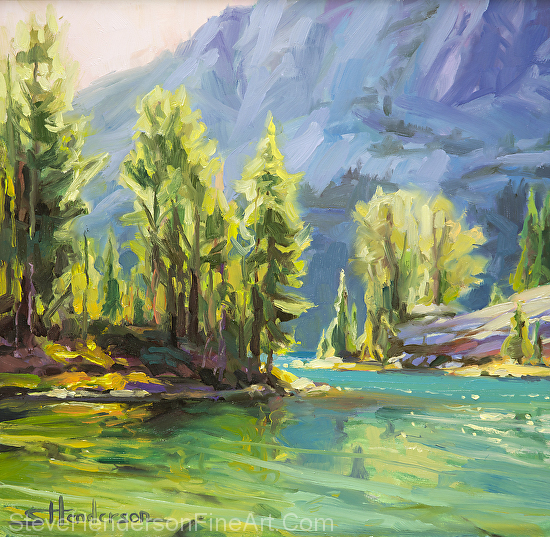 Shades of Turquoise inspirational original oil painting of alpine lake in mountains by Steve Henderson