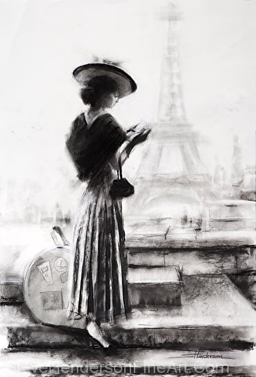 The Traveler inspirational original charcoal drawing of young woman in Paris France near the Eiffel Tower by Steve Henderson