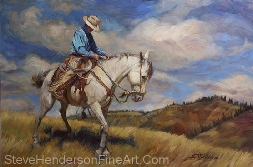 Working Trigger inspirational original oil painting of horse whisperer cowboy in meadow by Steve Henderson