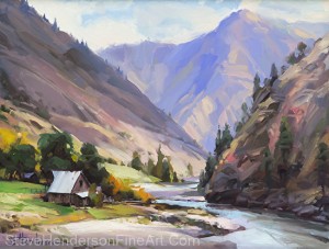 Along the Salmon River inspirational original oil painting of barn and river in Idaho by Steve Henderson