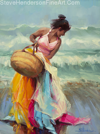 Brimming Over inspirational original oil painting of woman with basket of cloth on ocean beach laughing by Steve Henderson licensed wall art decor prints at Great Big Canvas, Framed Canvas Art, AllPosters.com, Art.com, and Amazon.com