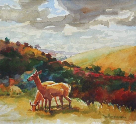 Deer Above Dixie inspirational original watercolor of wild does eating in meadow by Steve Henderson