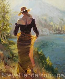 Lady of the Lake inspirational original oil painting of tall woman by alpine lake by Steve Henderson with licensed prints at allposters.com, amazon.com, art.com, great big canvas, icanvas, and framed canvas art