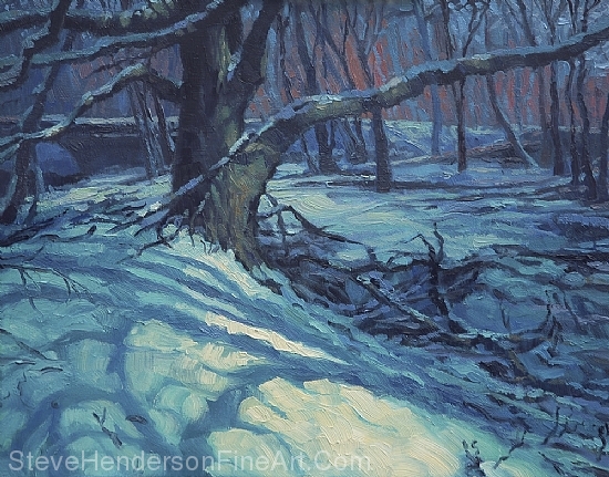 Moonlit Night on the Coppei inspirational original oil painting of cobalt blue trees within a snow covered forest by Steve Henderson