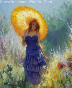 Promenade inspirational original oil painting of woman with parasol in flower garden by Steve Henderson licensed prints at Great Big Canvas, amazon.com, art.com, allposters.com, Framed Canvas Art, and iCanvas