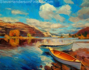 Shore Leave inspirational original oil painting of two rowboats on Columbia River in Oregon Washington by Steve Henderson; licensed prints at Allposters.com, art.com, amazon.com, Framed Canvas Art, Great Big Canvas, and iCanvas