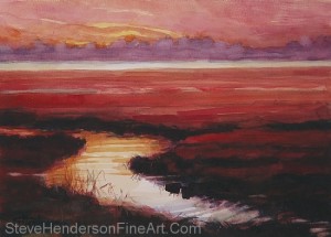 High Tide on Siletz Bay inspirational original watercolor of river running through coastal meadow by Steve Henderson