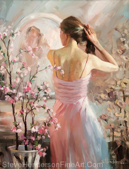 The Evening Ahead inspirational original oil painting of young woman preparing for dinner out in front of mirror by Steve Henderson