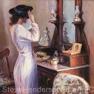 The New Hat inspirational original oil painting of woman in Victorian Bedroom by Steve Henderson